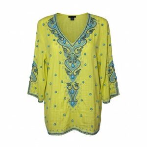 Boston Proper Women Tunic XL Yellow Beaded Turquoise Boho Cotton Vacation Resort